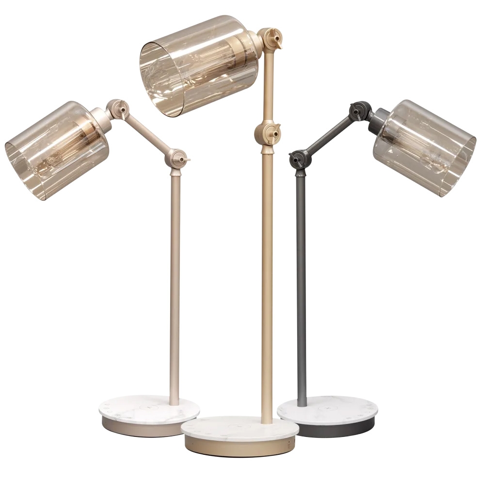 The Edison LED Wireless Charging Lamp features a sleek design with adjustable arms and transparent shades. It offers wireless charging on its base, available in various neutral colors for a modern aesthetic.