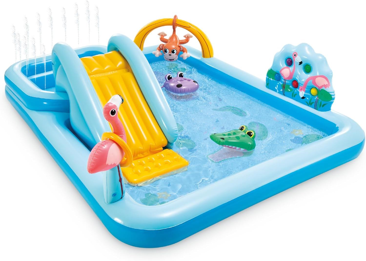 Inflatable kids' play pool with a slide, water sprayer, and playful animal designs including a monkey, flamingo, hippo, and crocodile.