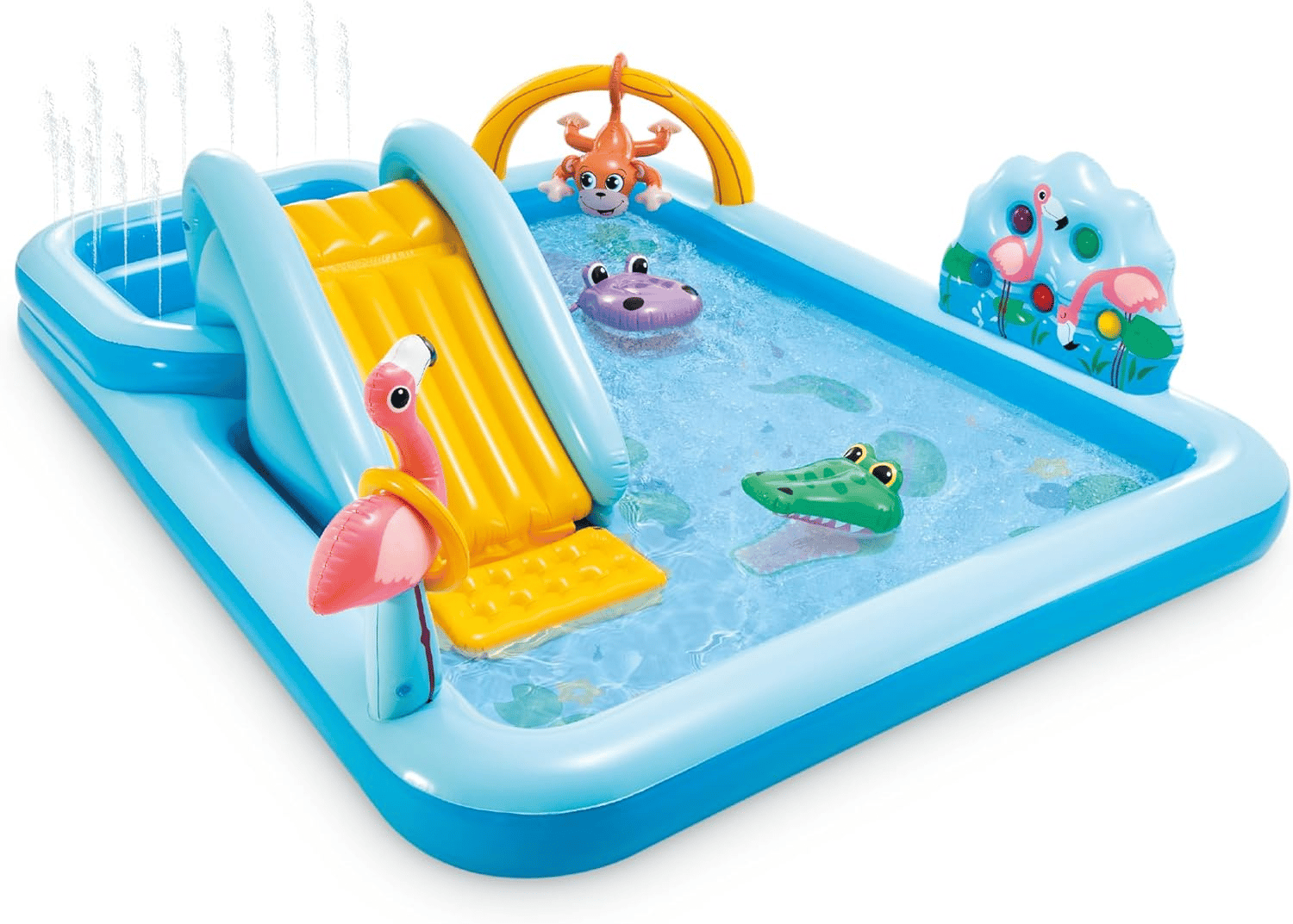 Inflatable kids' play pool with a slide, water sprayer, and playful animal designs including a monkey, flamingo, hippo, and crocodile.