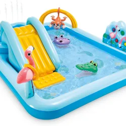 Inflatable kids' play pool with a slide, water sprayer, and playful animal designs including a monkey, flamingo, hippo, and crocodile.