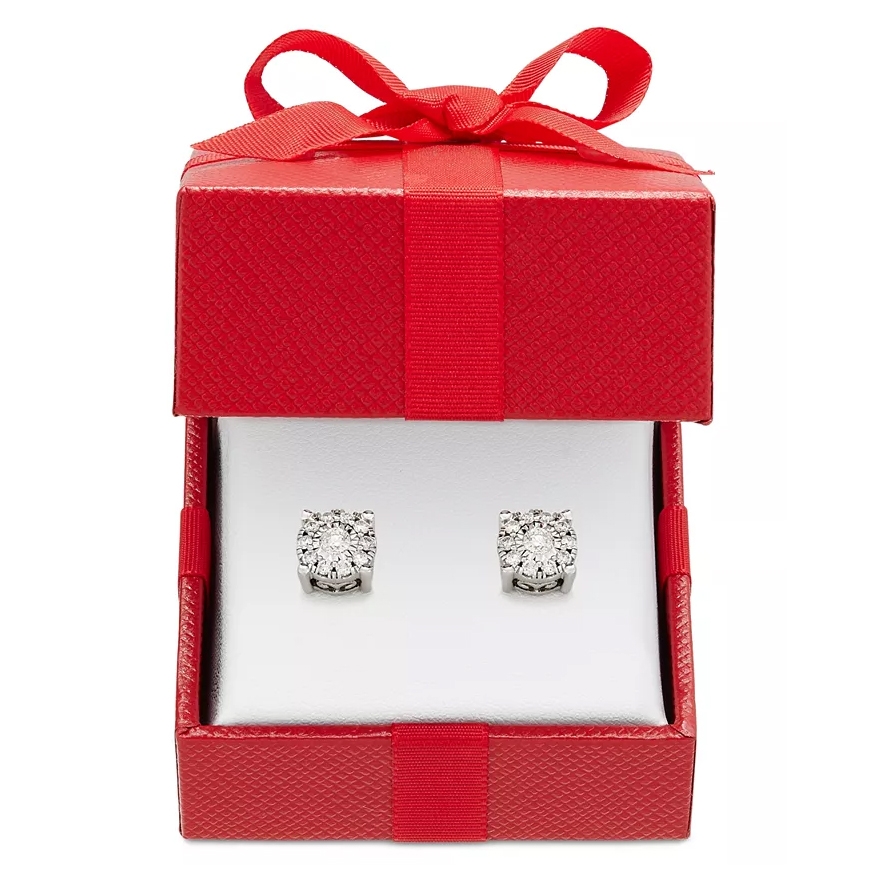 A pair of 1/3 carat diamond cluster stud earrings displayed in a red gift box with a bow, featuring multiple small diamonds set in a circular pattern.