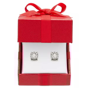 A pair of 1/3 carat diamond cluster stud earrings displayed in a red gift box with a bow, featuring multiple small diamonds set in a circular pattern.