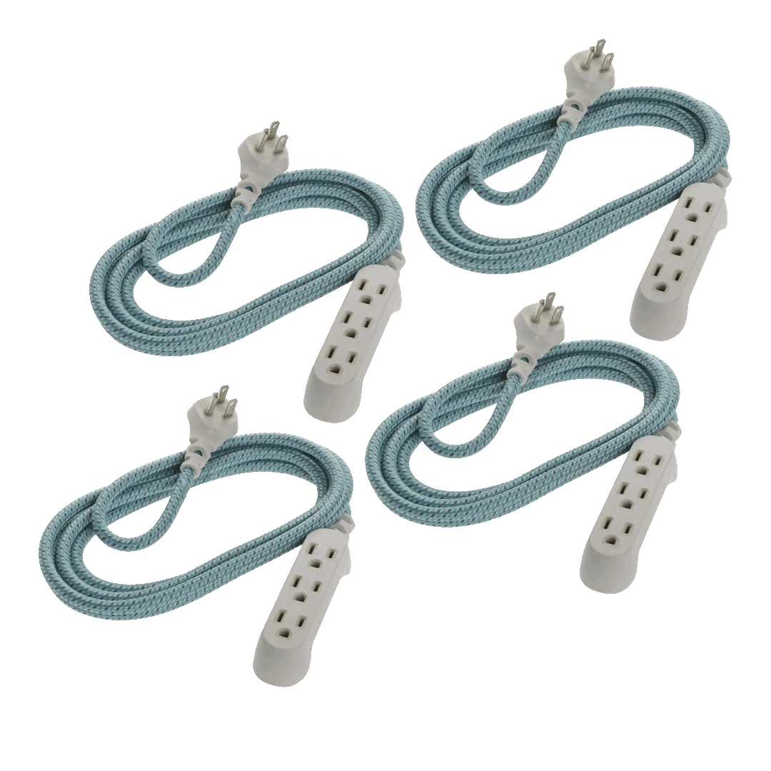 A set of four extension cords with three outlets each, featuring angled plugs and blue braided fabric cables that enhance durability and flexibility.