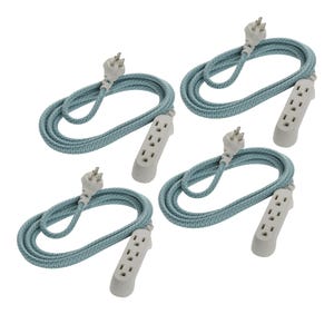 A set of four extension cords with three outlets each, featuring angled plugs and blue braided fabric cables that enhance durability and flexibility.