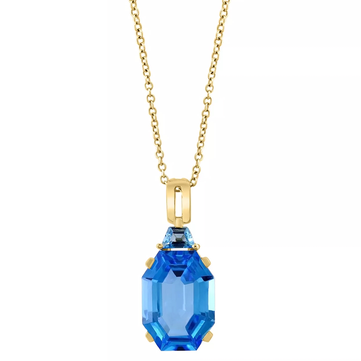 A gold chain necklace features a large, octagonal blue gemstone pendant with a smaller triangular blue stone set above it.
