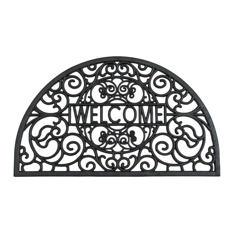 Semi-circular welcome mat with decorative swirling patterns and the word \“WELCOME\“ in the center.