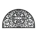 Semi-circular welcome mat with decorative swirling patterns and the word \“WELCOME\“ in the center.