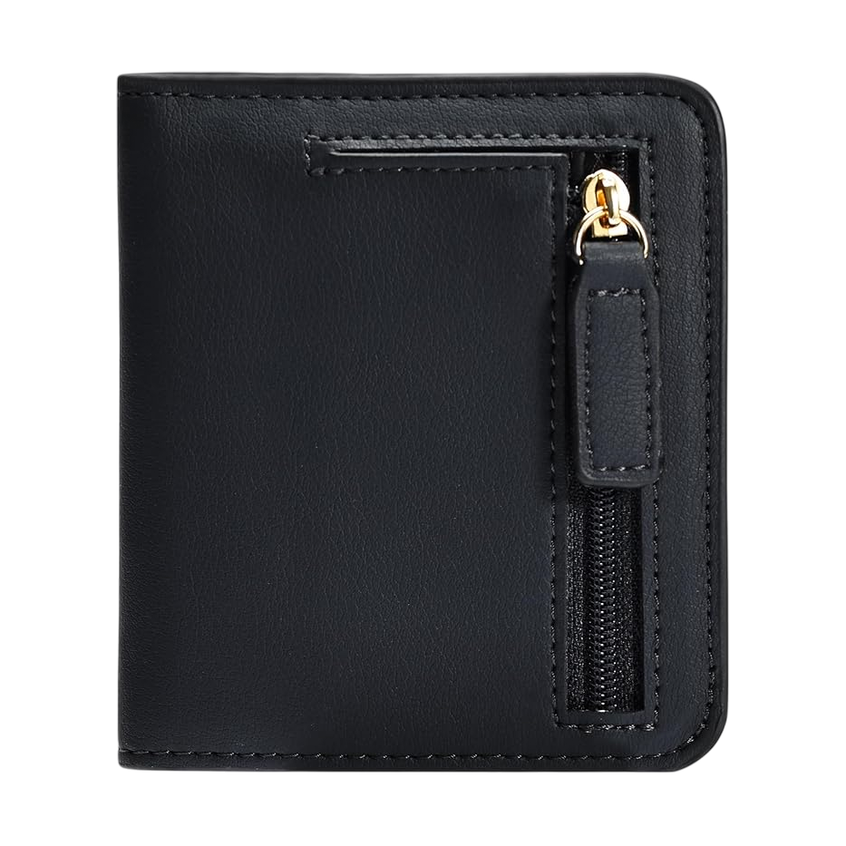 Black bi-fold wallet with a gold-accented zipper compartment on the front for additional storage.