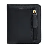 Black bi-fold wallet with a gold-accented zipper compartment on the front for additional storage.