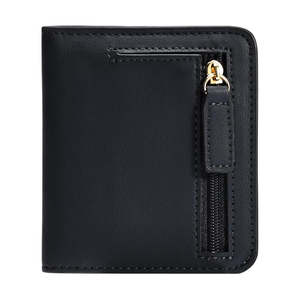 Black bi-fold wallet with a gold-accented zipper compartment on the front for additional storage.