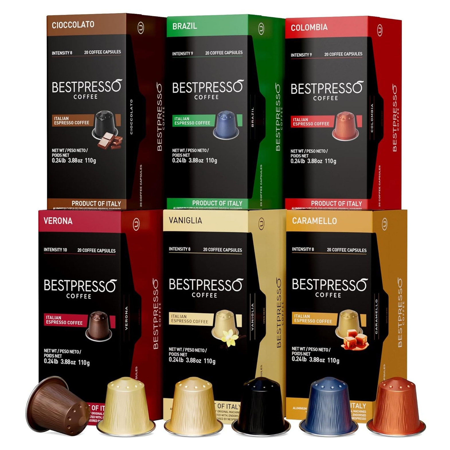 Bestpresso Coffee offers a variety of espresso capsules including Cioccolato, Brazil, Colombia, Verona, Vaniglia, and Caramello. Each box contains 20 capsules with varying intensity levels ranging from 8 to 10.