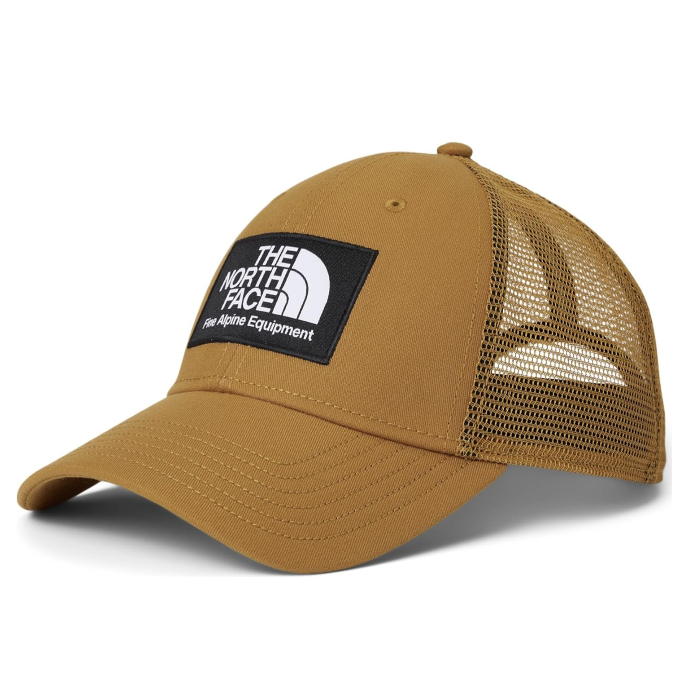 Brown trucker cap with a mesh back, featuring \“THE NORTH FACE Fine Alpine Equipment\“ logo on the front.