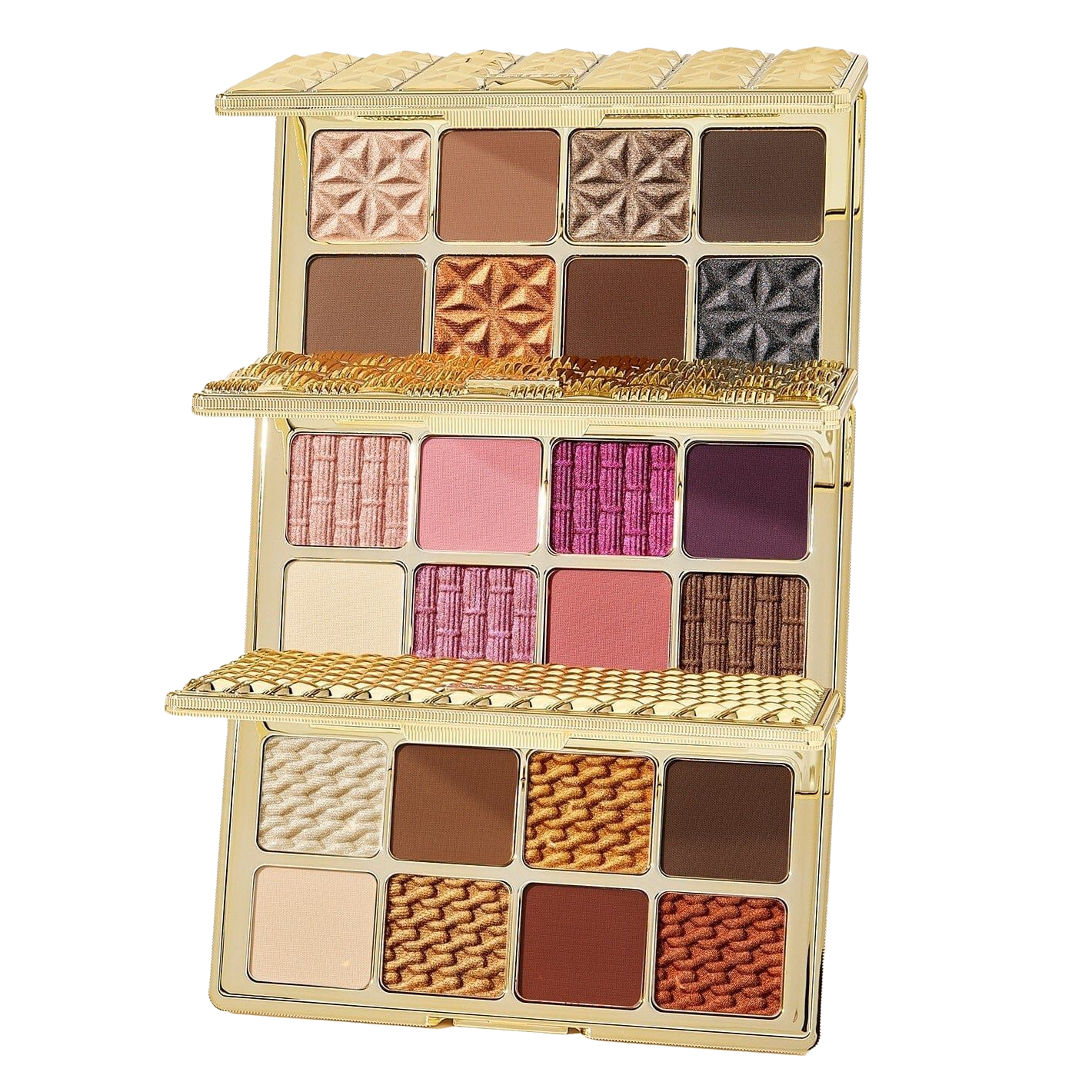 Three-tier gold magnetic palette stack featuring Tarte Amazonian Clay eyeshadows in a mix of matte and shimmer shades ranging from neutrals and browns to pinks and purples, with intricate textures and patterns on each shade.