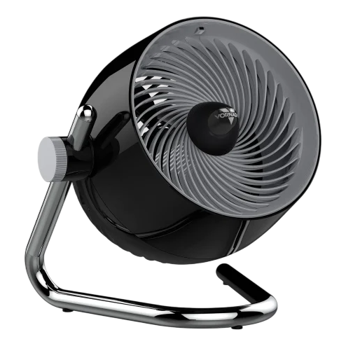 A black table fan with a sleek modern design on a chrome stand, featuring an adjustable tilt mechanism.