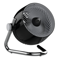 A black table fan with a sleek modern design on a chrome stand, featuring an adjustable tilt mechanism.