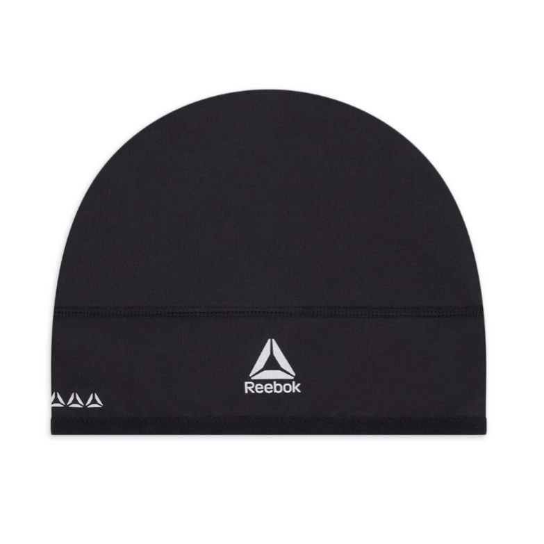 Black Reebok swim cap with the Reebok logo prominently displayed in white.