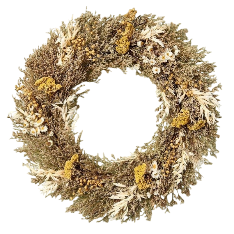 A decorative wreath made of dried flowers and foliage in earthy tones of white, yellow, and green, hanging on a green wall.