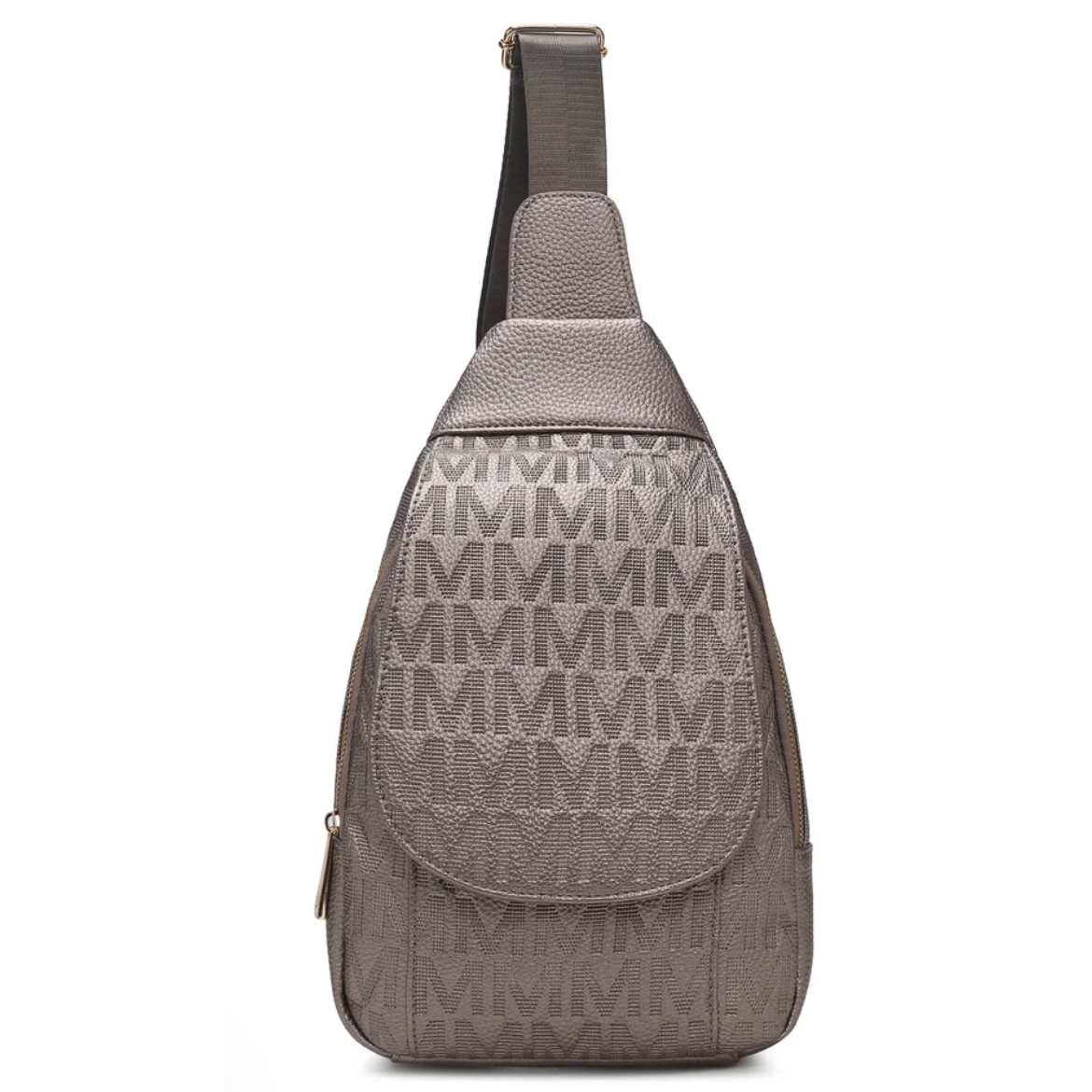A gray sling backpack with a repeated logo pattern.