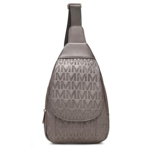 A gray sling backpack with a repeated logo pattern.