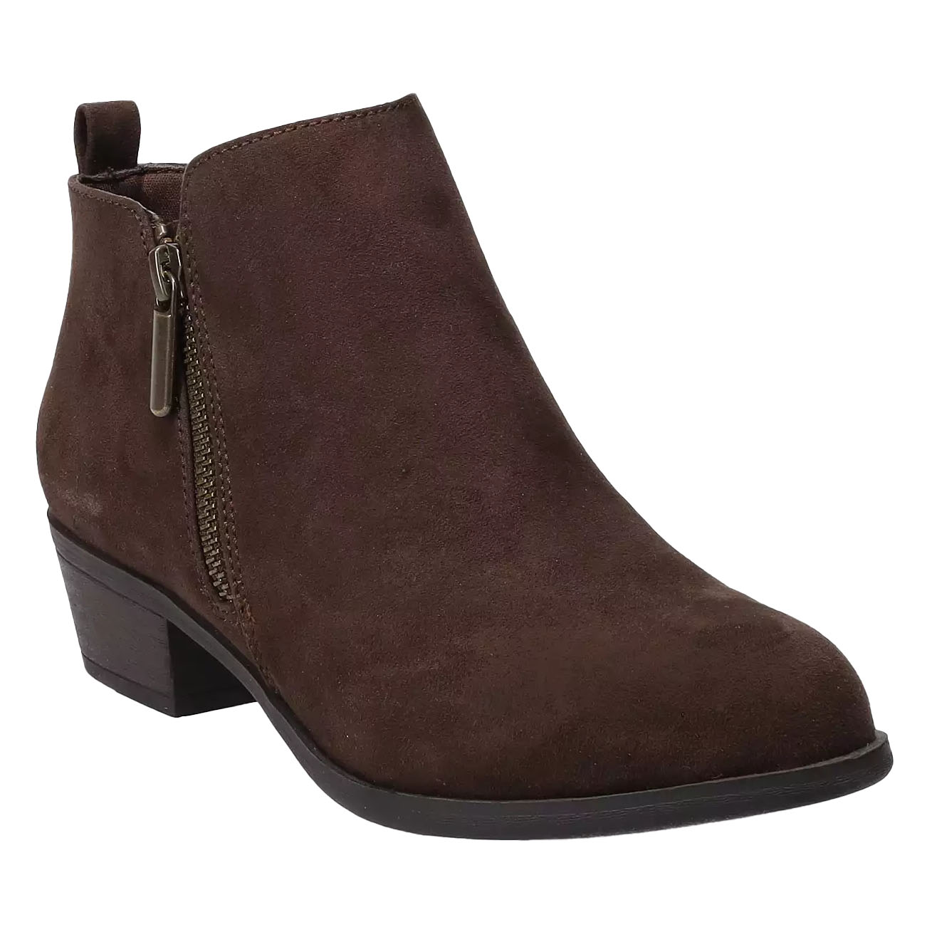 Brown suede ankle boots featuring a low heel, pointed toe, and a side zipper with a decorative zipper pull.