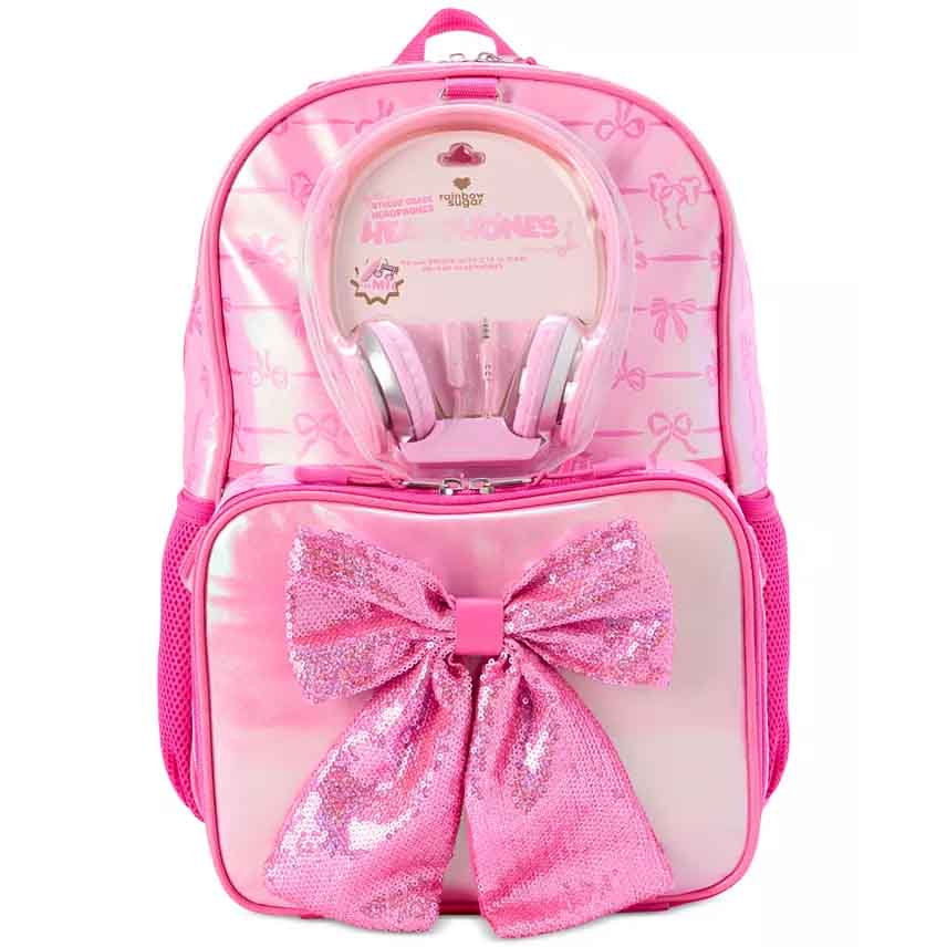 Pink backpack with sequin bow, featuring built-in pink headphones at the top compartment.