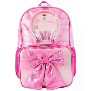 Pink backpack with sequin bow, featuring built-in pink headphones at the top compartment.
