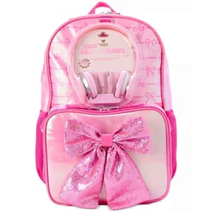 Pink backpack with sequin bow, featuring built-in pink headphones at the top compartment.
