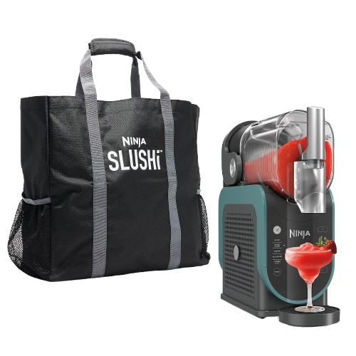 Ninja Slushi machine for making slushies, featuring a sleek design with a transparent container and dispensing spout, accompanied by a black tote bag with \“Ninja Slushi\“ printed on it.