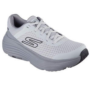 Skechers Men's Endeavour Shoes feature a lightweight design with a mesh upper, lace-up closure, and a thick, cushioned sole labeled \“Max Cushion.\“ The shoe is predominantly gray with black accents and offers enhanced comfort and support.