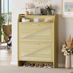 Wooden shoe rack with two pull-out drawers featuring triangular rattan panels, a top shelf with decorative items, and a section for storing shoes at the bottom.