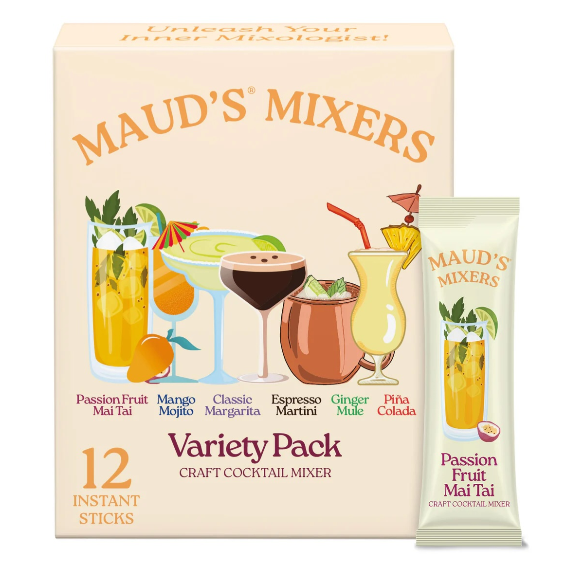 Maud's Mixers Variety Pack includes 12 instant sticks for cocktail mixing, featuring flavors like Passion Fruit Mai Tai, Mango Mojito, Classic Margarita, Espresso Martini, Ginger Mule, and Piña Colada.