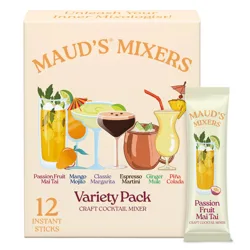 Maud's Mixers Variety Pack includes 12 instant sticks for cocktail mixing, featuring flavors like Passion Fruit Mai Tai, Mango Mojito, Classic Margarita, Espresso Martini, Ginger Mule, and Piña Colada.