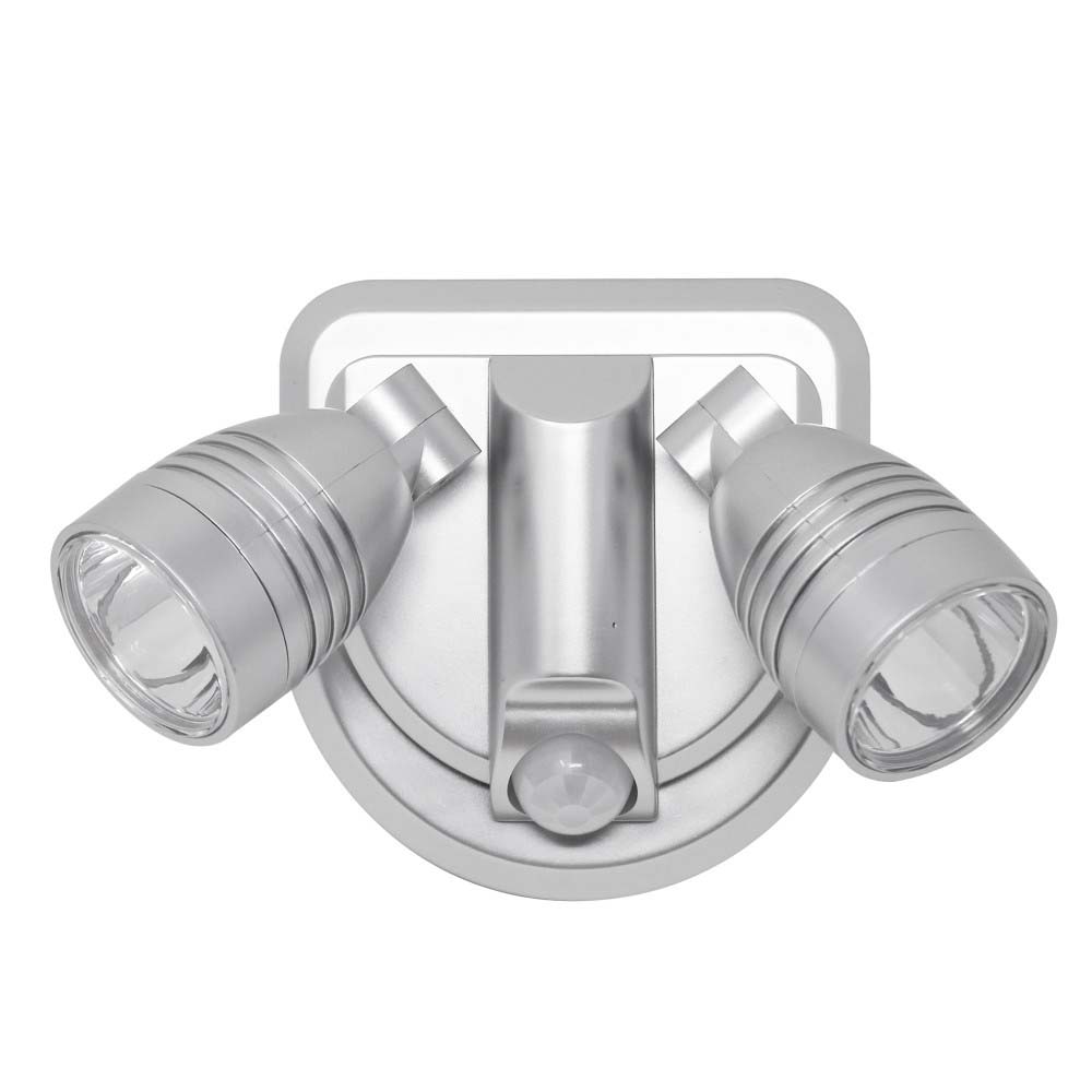 Dual-head motion-activated outdoor security floodlight with a silver finish, equipped with two adjustable LED lights and a motion sensor at the center.