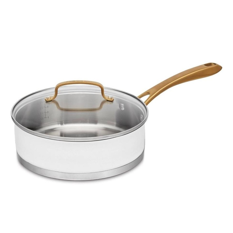 A stainless steel sauté pan with a glass lid and golden-colored handle. There are measurement markings inside, and the pan features a spacious cooking surface for versatile cooking.