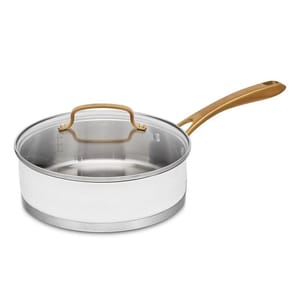 A stainless steel sauté pan with a glass lid and golden-colored handle. There are measurement markings inside, and the pan features a spacious cooking surface for versatile cooking.