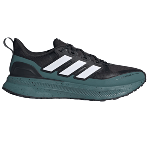 A black and teal running shoe with water-repellent features, featuring white three-stripe branding on the side.