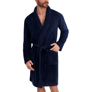 Man wearing a navy-blue bathrobe with a shawl collar, waist tie, and front pockets.