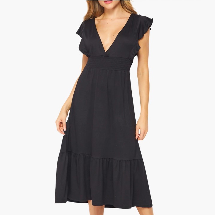 Black maxi dress featuring a deep V-neckline, ruffled cap sleeves, an empire waist, and a ruffled hemline.