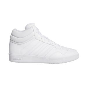 A white Adidas high-top sneaker with the brand's signature three stripes and embossed logo on the sole.