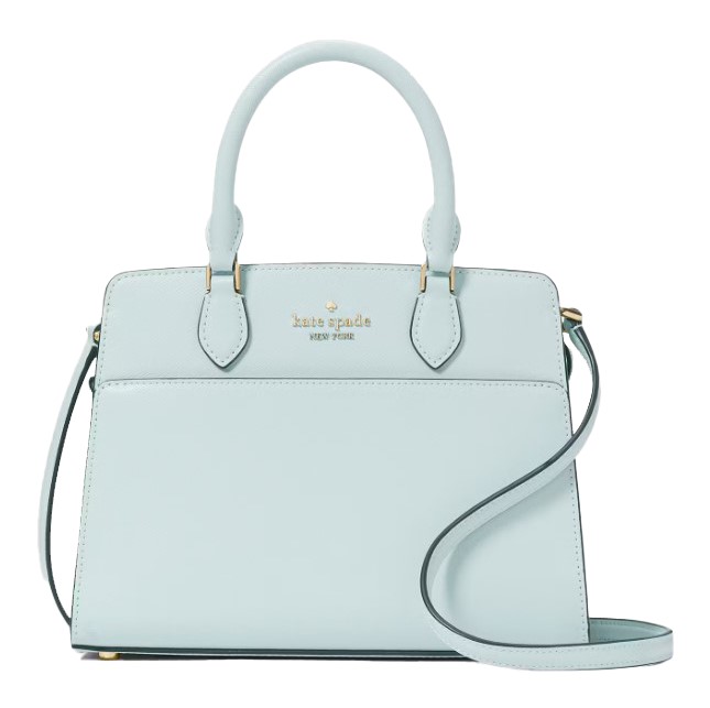 A pale blue Kate Spade handbag with gold accents and a detachable shoulder strap.