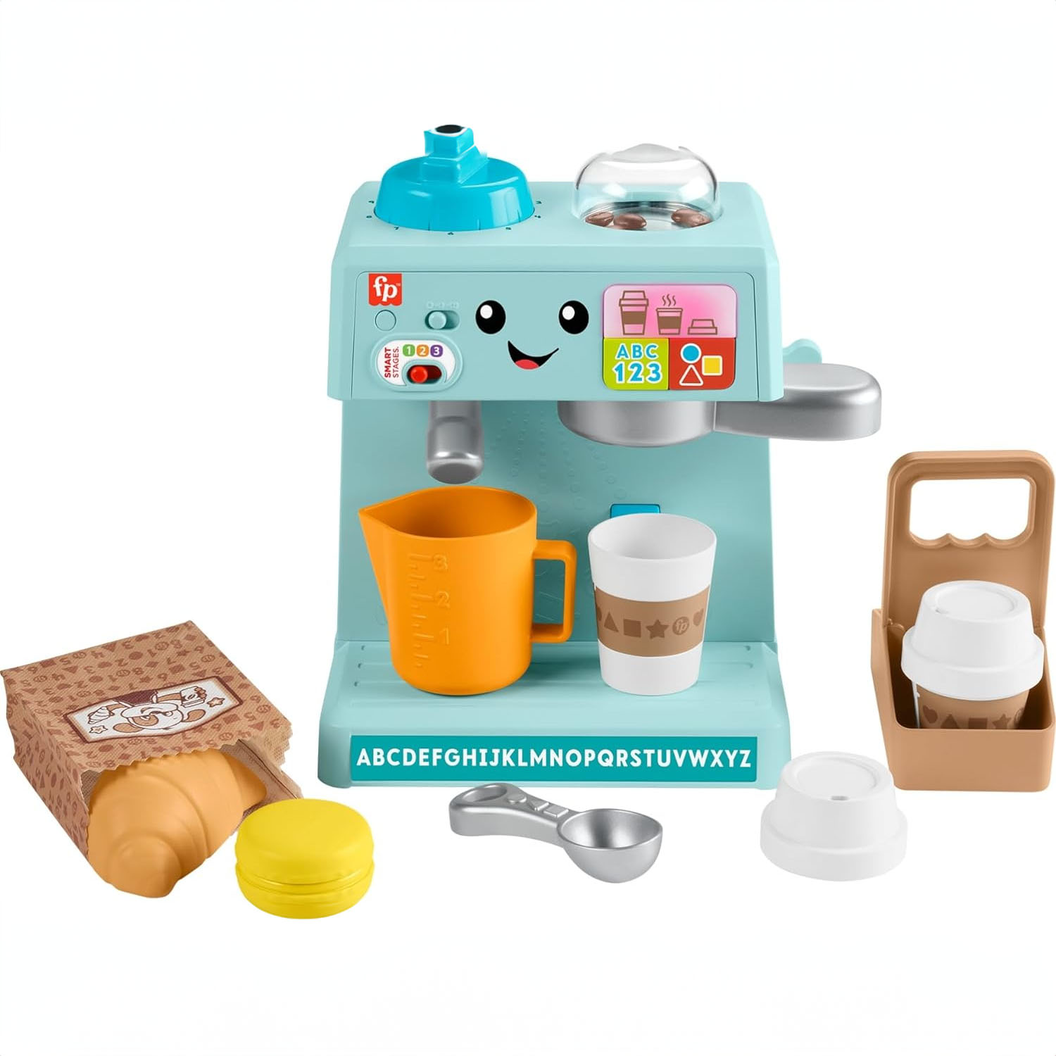 This is a Fisher-Price Interactive Cafe toy set, including a pretend coffee maker, cups, a milk carton, a muffin, a spoon, and interactive buttons with smiley face graphics.