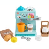 This is a Fisher-Price Interactive Cafe toy set, including a pretend coffee maker, cups, a milk carton, a muffin, a spoon, and interactive buttons with smiley face graphics.