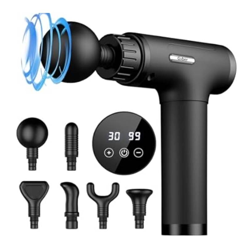Massage gun with multiple interchangeable heads and a digital display showing settings.
