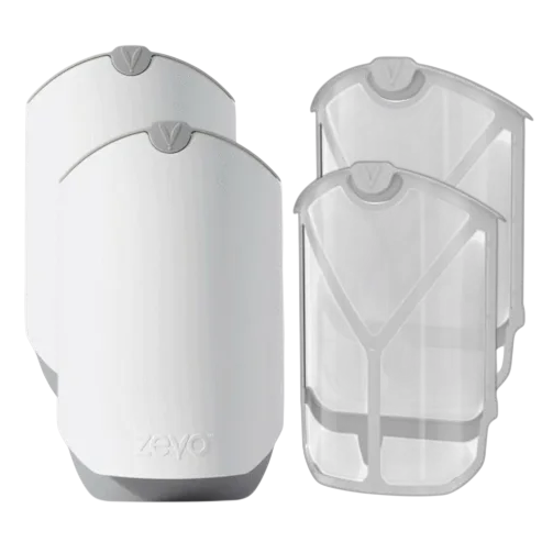 Two white electronic insect trap devices and two reusable trap cartridges designed for capturing flying insects indoors.