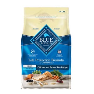 A bag of Blue Buffalo Life Protection Formula, Adult 1-7 years, Chicken and Brown Rice Recipe dog food, holistic and healthy blend, weighing 24 pounds.