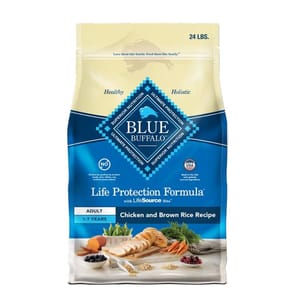 A bag of Blue Buffalo Life Protection Formula, Adult 1-7 years, Chicken and Brown Rice Recipe dog food, holistic and healthy blend, weighing 24 pounds.