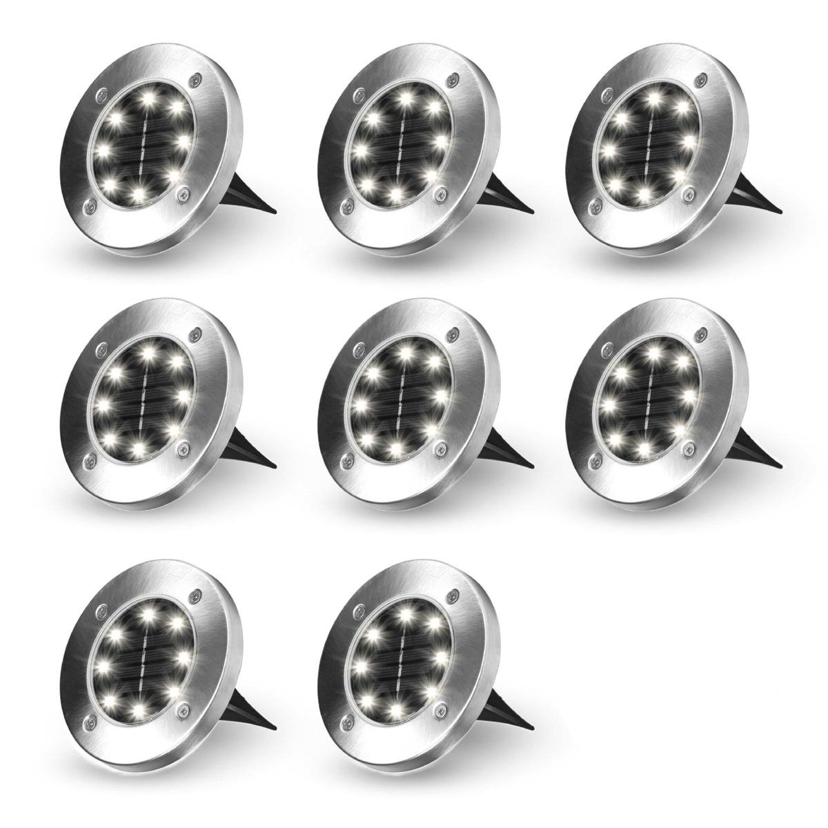 8-pack of round, stainless steel solar disk lights with bright LEDs, designed to be staked into the ground for outdoor illumination.
