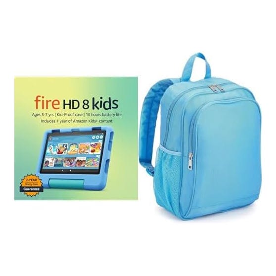 A Fire HD 8 Kids tablet with a blue kid-proof case and a blue backpack.