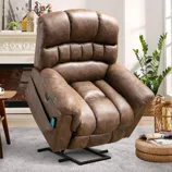 A plush brown recliner chair with padded armrests and an extended footrest.