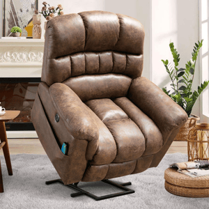 A plush brown recliner chair with padded armrests and an extended footrest.